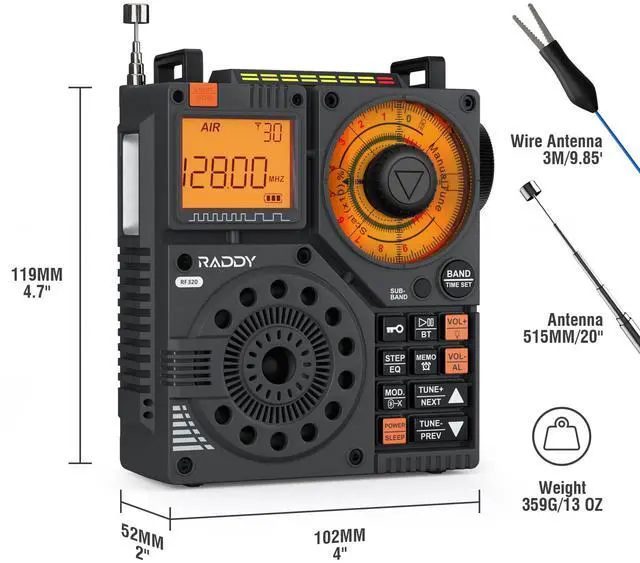 Alt view image 7 of 7 - RF320 APP Control Shortwave Radio, AIR/FM/AM/VHF/SW/WB Receiver, Portable Radio Rechargeable w/ 9.85 Ft Wire Antenna (Black)