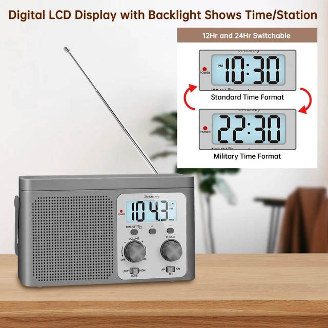 Alt view image 4 of 7 - AM FM Radio Portable Shortwave Radio Battery Powered/Plug in Wall for Home Outdoor, Strong Reception, Large Dial Easy to Use, Digital Time Display, Transistor Antenna, Seniors Small Gift