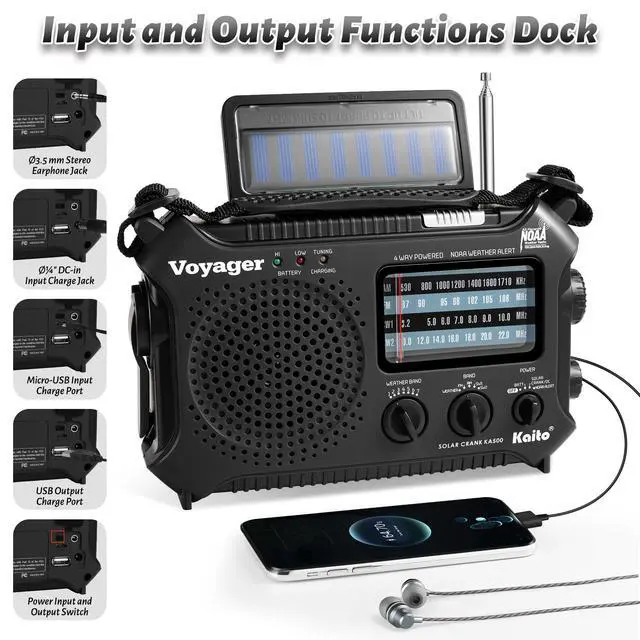 Alt view image 4 of 7 - KA500 5-way Powered Emergency AM/FM/SW NOAA Weather Alert Radio with Solar,Dynamo Crank,Flashlight and Reading Lamp, Color Black
