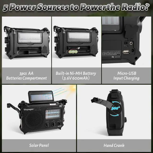 Alt view image 7 of 7 - KA500 5-way Powered Emergency AM/FM/SW NOAA Weather Alert Radio with Solar,Dynamo Crank,Flashlight and Reading Lamp, Color Black