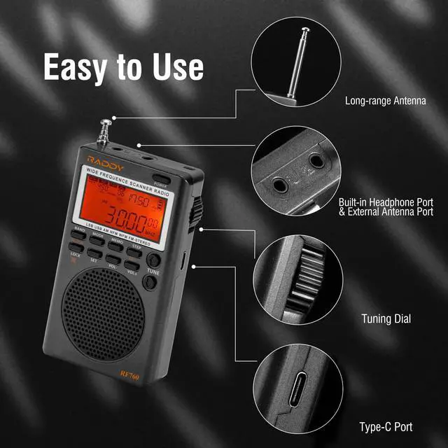 Alt view image 4 of 7 - Raddy RF760 Portable SSB Shortwave Radio Receiver, NOAA Alert | Full band AM/FM/SW/CB/VHF/UHF/AIR, rechargeable, earphone jack, 9.7ft wire antenna