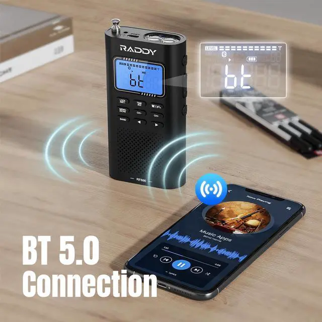 Alt view image 2 of 7 - RF886 Portable Shortwave Radio AM/FM/SW/VHF/WB Digital Radio BT Connection with NOAA and Alert, Rechargeable Pocket w/ 9.85 Ft Wire Antenna