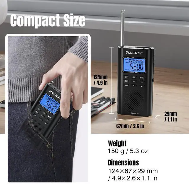 Alt view image 5 of 7 - RF886 Portable Shortwave Radio AM/FM/SW/VHF/WB Digital Radio BT Connection with NOAA and Alert, Rechargeable Pocket w/ 9.85 Ft Wire Antenna