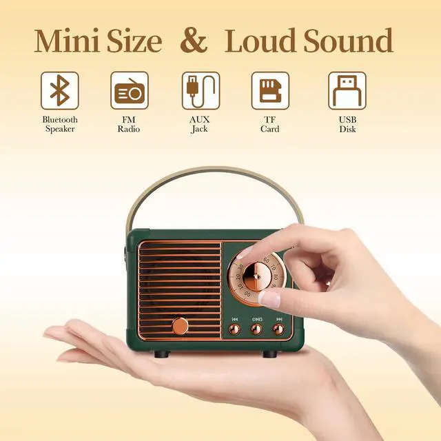Alt view image 3 of 7 - Retro Bluetooth Speaker, Wireless Mini Portable Speakers Support USB/TF Card/AUX, Vintage Radio Bluetooth Speaker for Kitchen Desk Bedroom Office Outdoor, Retro Gifts for Women Men, Green