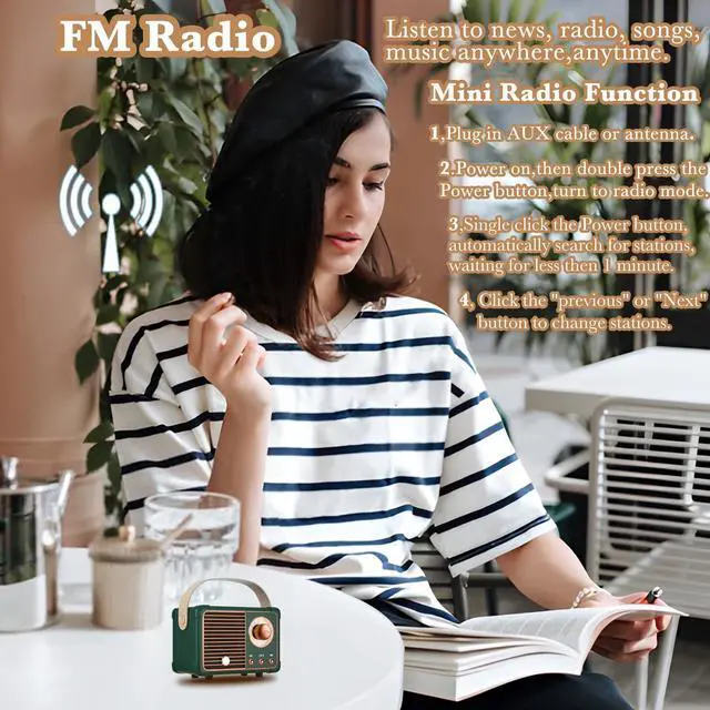 Alt view image 4 of 7 - Retro Bluetooth Speaker, Wireless Mini Portable Speakers Support USB/TF Card/AUX, Vintage Radio Bluetooth Speaker for Kitchen Desk Bedroom Office Outdoor, Retro Gifts for Women Men, Green