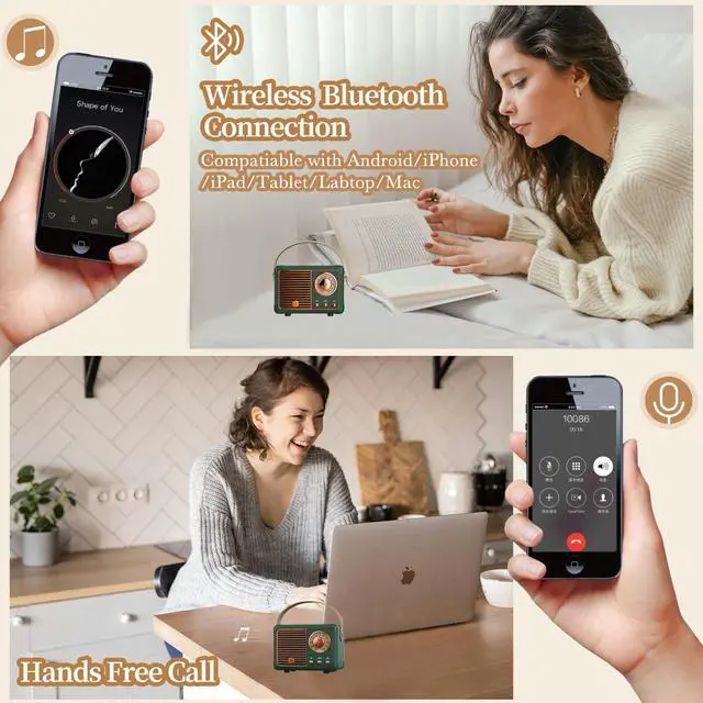 Alt view image 5 of 7 - Retro Bluetooth Speaker, Wireless Mini Portable Speakers Support USB/TF Card/AUX, Vintage Radio Bluetooth Speaker for Kitchen Desk Bedroom Office Outdoor, Retro Gifts for Women Men, Green