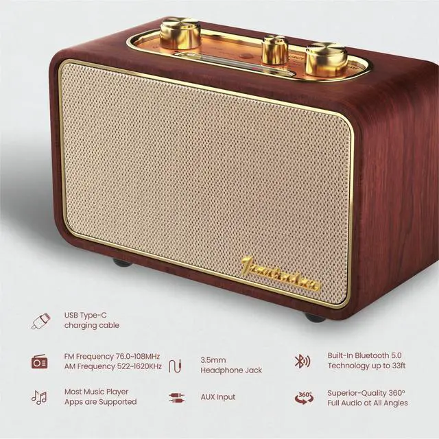 Alt view image 2 of 7 - Wooden Retro Bluetooth Speaker, Vintage Portable Wireless Speaker with Interchangeable Faceplates, FM Radio, Subwoofer& Rotary Dial- Ideal for Music Lovers (Apur Retro Wood)