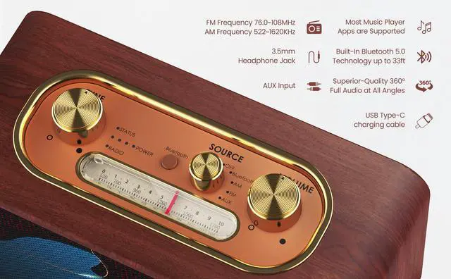 Alt view image 3 of 7 - Wooden Retro Bluetooth Speaker, Vintage Portable Wireless Speaker with Interchangeable Faceplates, FM Radio, Subwoofer& Rotary Dial- Ideal for Music Lovers (Apur Retro Wood)