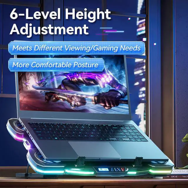 Alt view image 7 of 7 - Gaming Laptop Cooling Pad - 11 High Speed Turbo Fans Ultra Quiet Laptop Cooler Stand with RGB Lights Digital Display Height Adjustable for 17 Inch Laptop