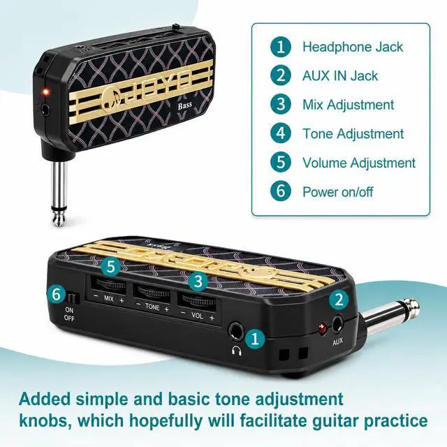 Alt view image 4 of 7 - Bass Headphone Amp Portable Mini Practice Amplifier with Aux Input, 3.5mm Headphone Output, Tone Control, Battery Powered Pocket Bass Amp for Silent Practice (JA-03)