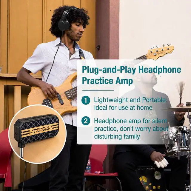 Alt view image 5 of 7 - Bass Headphone Amp Portable Mini Practice Amplifier with Aux Input, 3.5mm Headphone Output, Tone Control, Battery Powered Pocket Bass Amp for Silent Practice (JA-03)