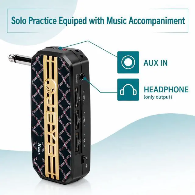 Alt view image 6 of 7 - Bass Headphone Amp Portable Mini Practice Amplifier with Aux Input, 3.5mm Headphone Output, Tone Control, Battery Powered Pocket Bass Amp for Silent Practice (JA-03)