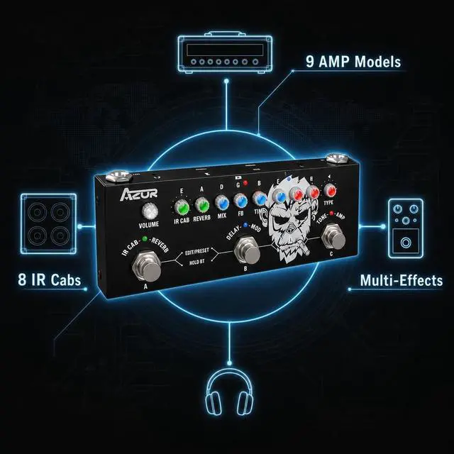 Alt view image 2 of 7 - Multi Effects Guitar Pedal, 9 AMP Models & 8 IR Cab, Delay Reverb Distortion Overdrive, Rechargeable Portable Guitar Effects Processor, Support 3rd Party IR Loading, Bluetooth & Recording
