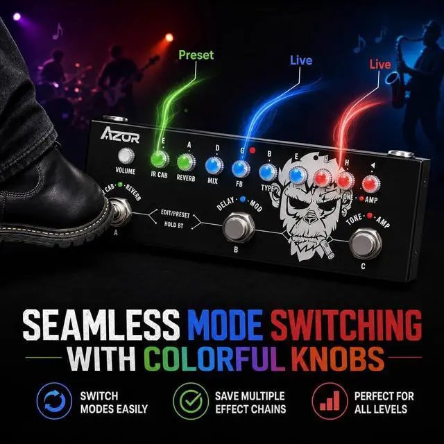 Alt view image 4 of 7 - Multi Effects Guitar Pedal, 9 AMP Models & 8 IR Cab, Delay Reverb Distortion Overdrive, Rechargeable Portable Guitar Effects Processor, Support 3rd Party IR Loading, Bluetooth & Recording