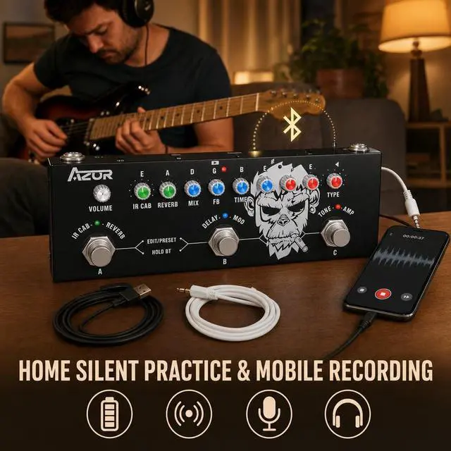 Alt view image 5 of 7 - Multi Effects Guitar Pedal, 9 AMP Models & 8 IR Cab, Delay Reverb Distortion Overdrive, Rechargeable Portable Guitar Effects Processor, Support 3rd Party IR Loading, Bluetooth & Recording
