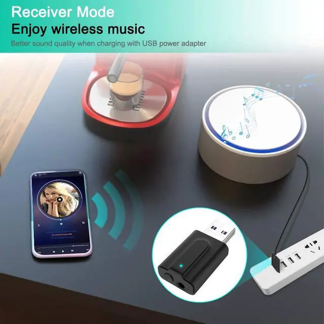 Alt view image 5 of 7 - Bluetooth 5.0 Transmitter Receiver Adapter, 3.5mm Portable Wireless Audio Transmitter Receiver Dongle for TV/PC/Headphones/Car Stereo/Home Theater, USB for Power Supply, Low Latency, Plug and Play