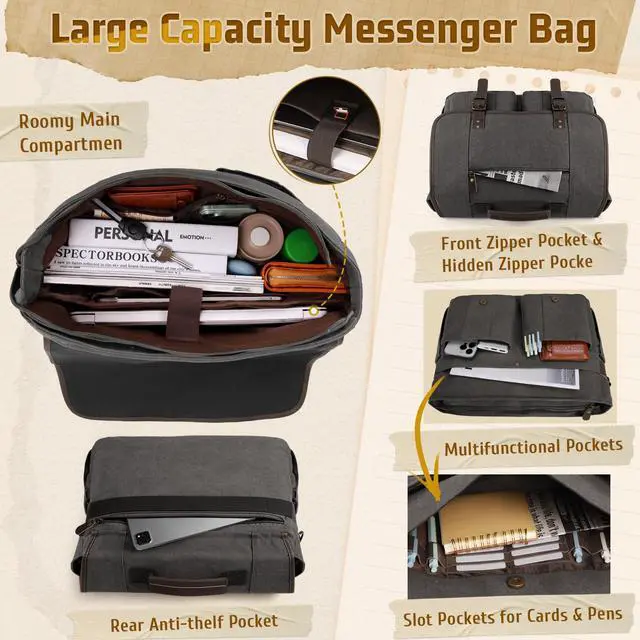 Alt view image 3 of 7 - Mens Messenger Bag 17-17.3 Inch Vintage Canvas Briefcase Water-resistant Large Computer Laptop Bag Rugged Satchel Shoulder Bag for Work Travel, Bookbag for College