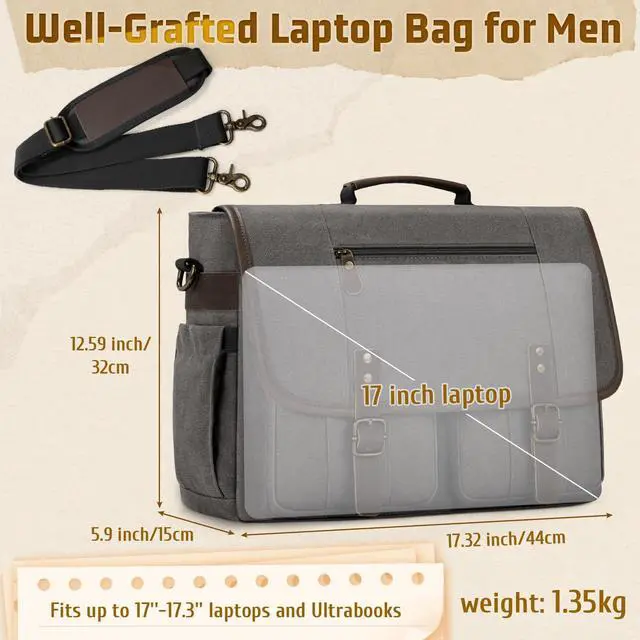 Alt view image 6 of 7 - Mens Messenger Bag 17-17.3 Inch Vintage Canvas Briefcase Water-resistant Large Computer Laptop Bag Rugged Satchel Shoulder Bag for Work Travel, Bookbag for College
