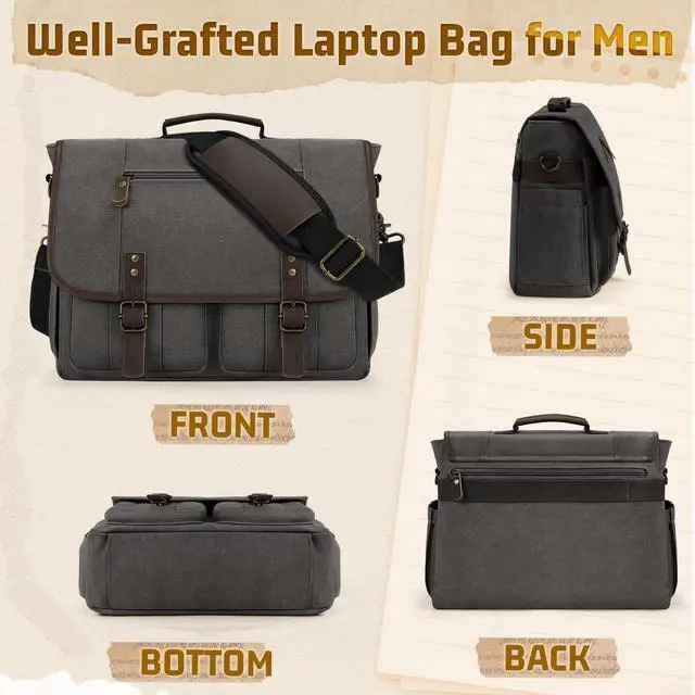 Alt view image 7 of 7 - Mens Messenger Bag 17-17.3 Inch Vintage Canvas Briefcase Water-resistant Large Computer Laptop Bag Rugged Satchel Shoulder Bag for Work Travel, Bookbag for College