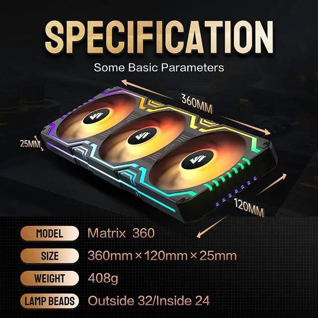 Alt view image 6 of 7 - Matrix 360mm PC Fan, 56 Addressable LEDs RGB Fans, All-in-One Square Frame Integrated RGB Case Fan with MB Sync/Analog Controller, PWM Control Fan for Computer Case and Liquid Cooling System