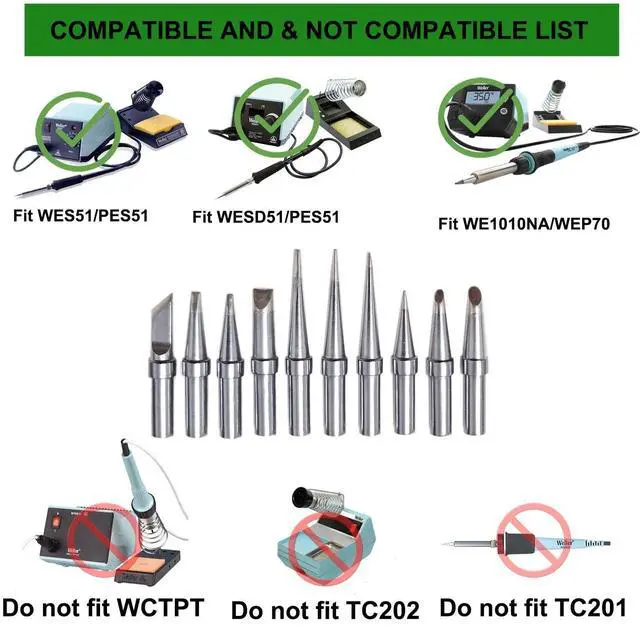 Alt view image 2 of 7 - Soldeirng Tips Replacement for Weller WES51 WESD51 WE1010NA WCC100 PES51 ET Tip Set 10pcs Pack
