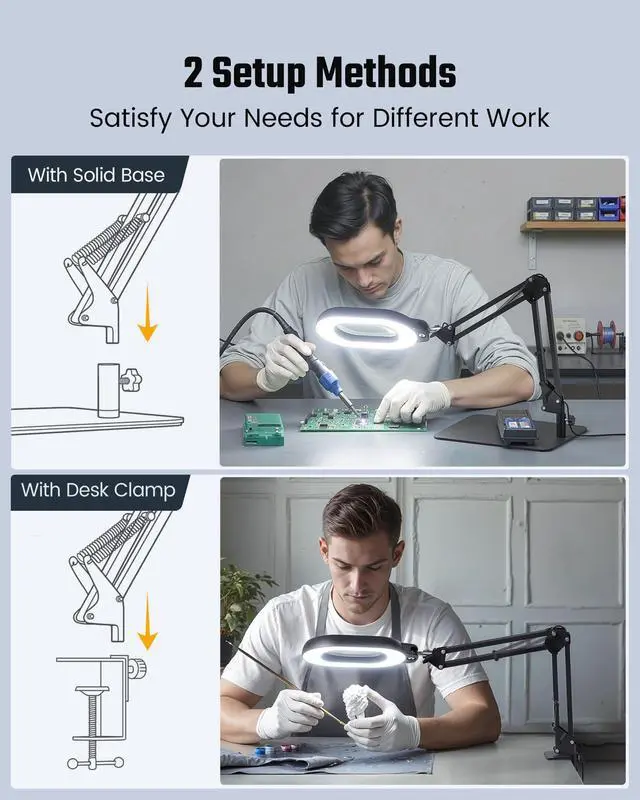 Alt view image 3 of 7 - Magnifying Desk Lamp, 10X Square Magnifying Glass with Light and Stand, Dimmable LED Magnifier Lamp with Clamp and Base, Adjustable Swing Arm Light for Close Work, Reading, Crafting, Black