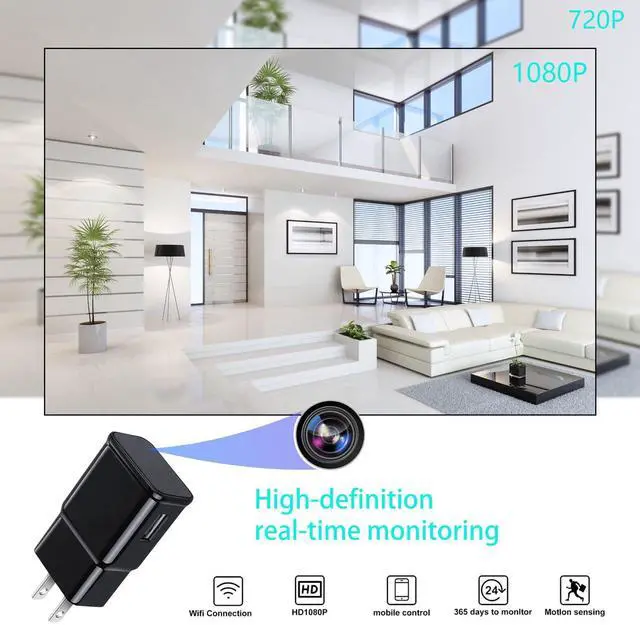 Alt view image 4 of 7 - Hidden Spy Camera, USB Charger Design, 1080P HD, Motion Detection, Loop Recording, WiFi, Indoor Home Security Nanny Cam, Black
