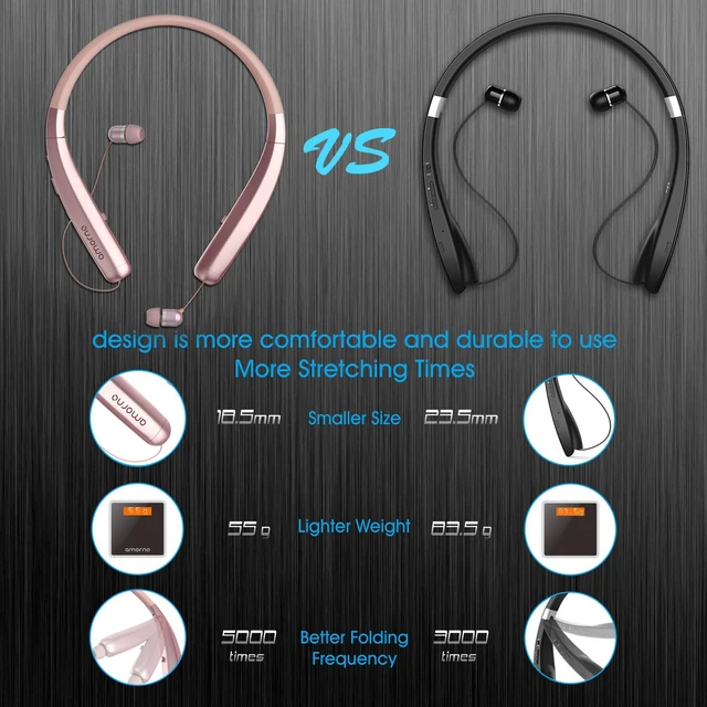 Alt view image 5 of 6 - Foldable Bluetooth Headphones, Wireless Neckband Sports Headset with Retractable Earbuds, Sweatproof Noise Cancelling Stereo Earphones with Mic