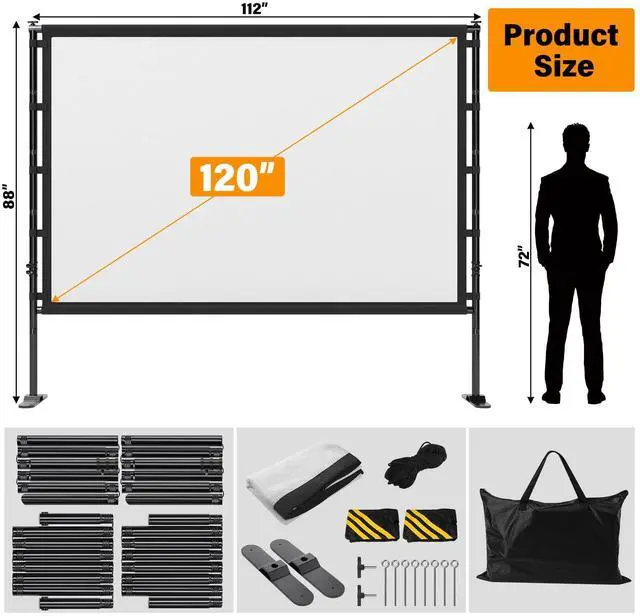 Alt view image 4 of 7 - Outdoor Projector Screen with Stand 120 Inch, 16:9 Portable 4K HD Indoor Movie Screen, Large Double-Sided Washable Screen with Carry Bag, Sandbags for Backyard, Camping, Home Theater