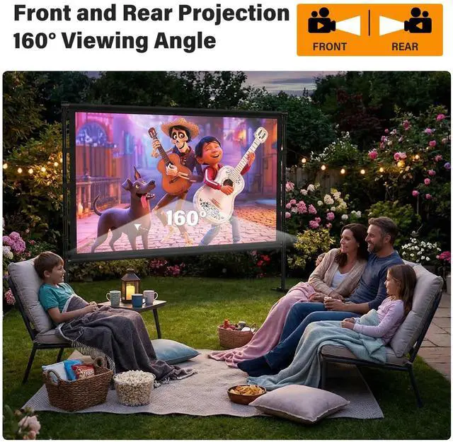 Alt view image 5 of 7 - Outdoor Projector Screen with Stand 120 Inch, 16:9 Portable 4K HD Indoor Movie Screen, Large Double-Sided Washable Screen with Carry Bag, Sandbags for Backyard, Camping, Home Theater
