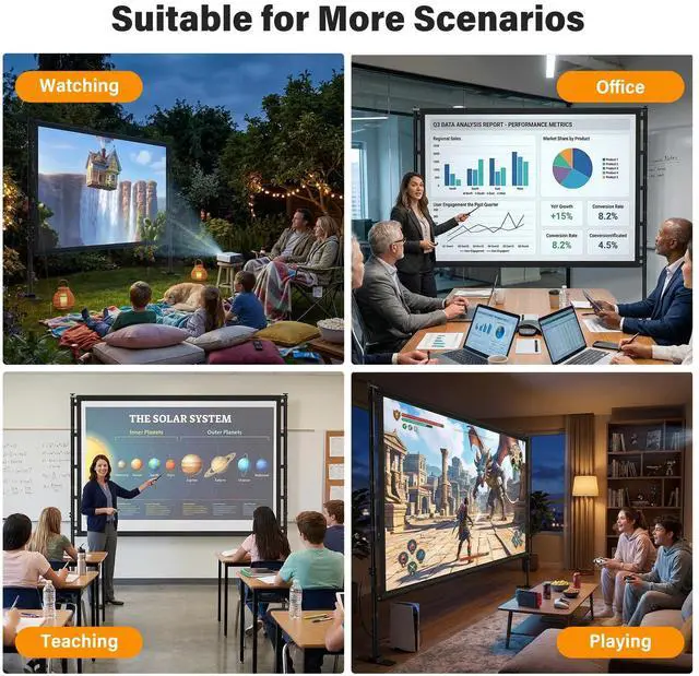 Alt view image 6 of 7 - Outdoor Projector Screen with Stand 120 Inch, 16:9 Portable 4K HD Indoor Movie Screen, Large Double-Sided Washable Screen with Carry Bag, Sandbags for Backyard, Camping, Home Theater