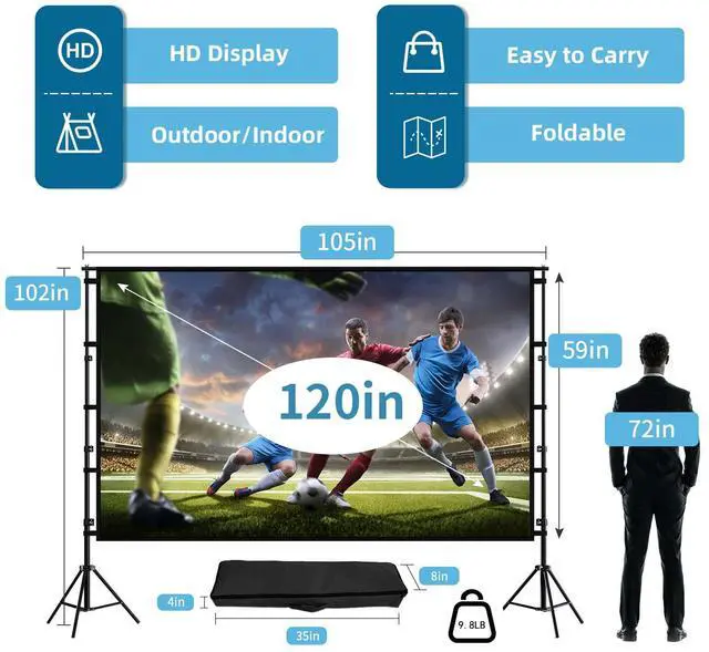 Alt view image 4 of 7 - Projector Screen and Stand, 120 inch Outdoor Projection Screen, Portable 16:9 4K HD Rear Front Movie Screen with Carry Bag Wrinkle-Free Design for Home Theater Backyard Cinema