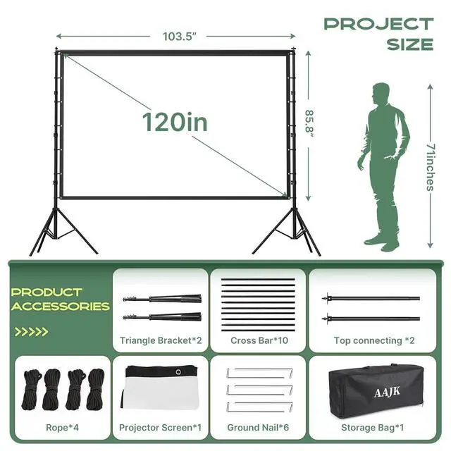Alt view image 4 of 6 - 120in Outdoor Projector Screen with Stand,Portable 16:9 4K HD Indoor Outdoor Projection Screen with Wrinkle-Free Design, Ideal for Home Theater and Backyard Cinema Includes Carry Bag