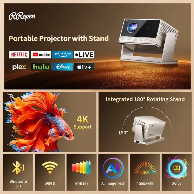 Alt view image 2 of 7 - Smart 4K Projector with WiFi and Bluetooth - Portable Movie Projector with Stand,1000 ANSI Lumens, 4K Support, Native 1080p, AI Image, Built in Apps, Short Throw Proyector
