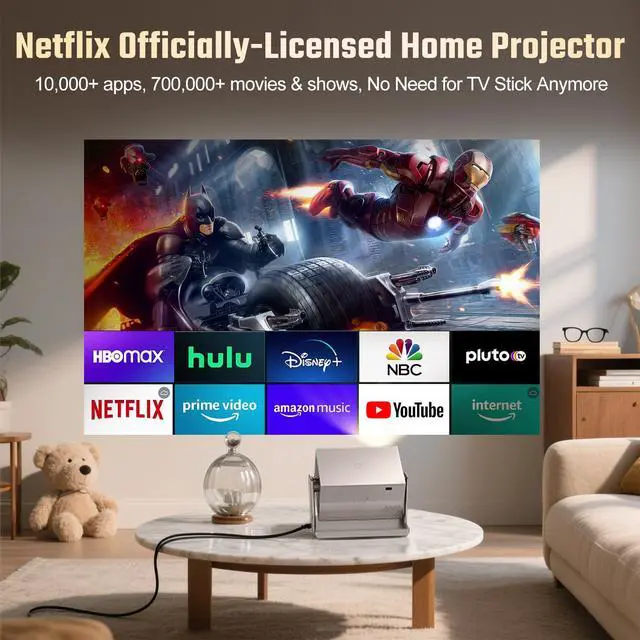 Alt view image 4 of 7 - Smart 4K Projector with WiFi and Bluetooth - Portable Movie Projector with Stand,1000 ANSI Lumens, 4K Support, Native 1080p, AI Image, Built in Apps, Short Throw Proyector