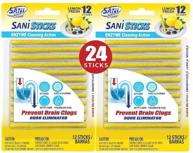 Main image of SANI 360° Sani Sticks Drain Cleaner and Deodorizer, 24 Count, Lemon Scent Enzyme Pipe Cleaners, Eliminate Odors, Prevent Clogged Drains, Safe for Sinks, Bathtub Drains, Septic Tanks