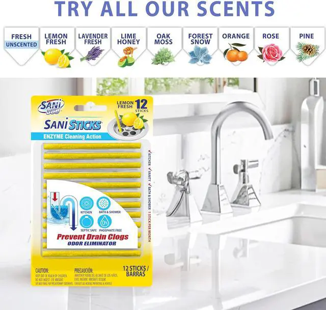Alt view image 6 of 6 - SANI 360° Sani Sticks Drain Cleaner and Deodorizer, 24 Count, Lemon Scent Enzyme Pipe Cleaners, Eliminate Odors, Prevent Clogged Drains, Safe for Sinks, Bathtub Drains, Septic Tanks