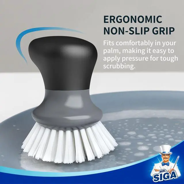 Alt view image 3 of 6 - MR.SIGA Dish Scrub Brush, Palm Brush Dish Scrubber with Ergonomic Grip, Kitchen Brushes for Dishes, Gray, Pack of 2