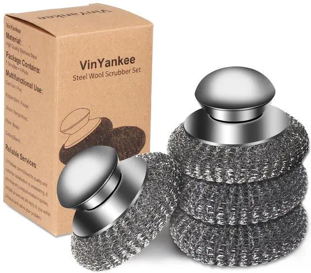 Main image of 4pcs Steel Wool Scrubber with Replacement Wire Sponge Pads Set, Stainless Steel Scrubber with Handle for Scouring Stubborn Messes from Cast Iron, Pots, Pans, Grill, Stoves, Sink(2 Scrubber+2 Pads)