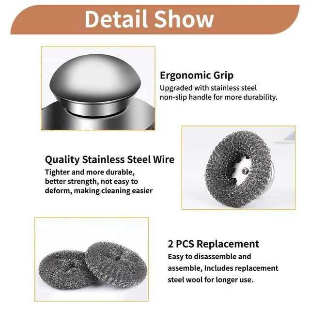 Alt view image 2 of 6 - 4pcs Steel Wool Scrubber with Replacement Wire Sponge Pads Set, Stainless Steel Scrubber with Handle for Scouring Stubborn Messes from Cast Iron, Pots, Pans, Grill, Stoves, Sink(2 Scrubber+2 Pads)