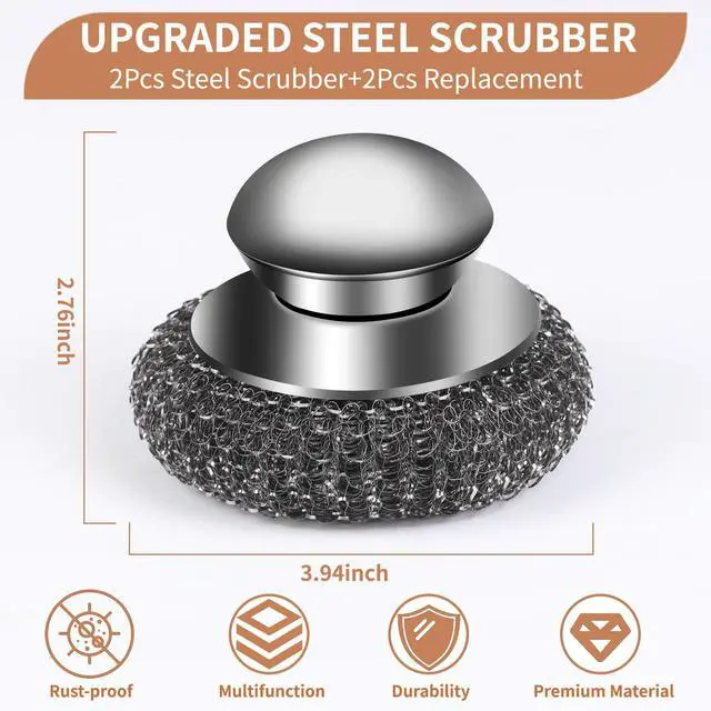 Alt view image 4 of 6 - 4pcs Steel Wool Scrubber with Replacement Wire Sponge Pads Set, Stainless Steel Scrubber with Handle for Scouring Stubborn Messes from Cast Iron, Pots, Pans, Grill, Stoves, Sink(2 Scrubber+2 Pads)