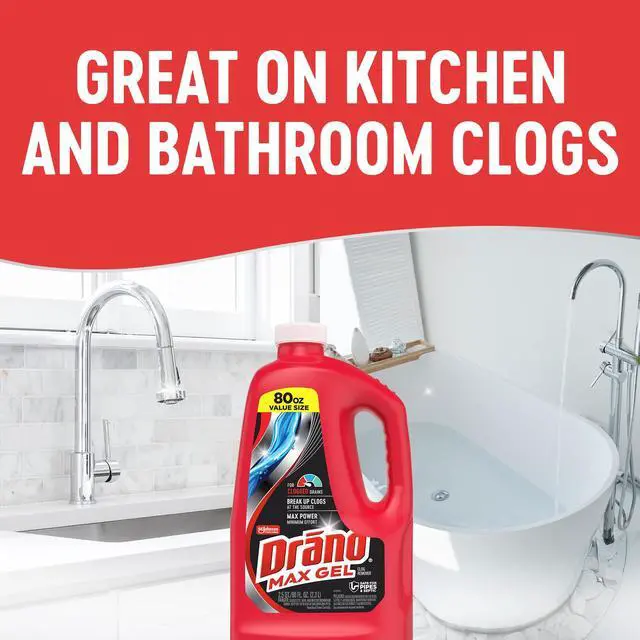 Alt view image 7 of 7 - Drano Max Gel Drain Clog Remover & Cleaner, Fast-Acting to Unclog Standing Water & Remove Hair, Grease & Food Blockages, Safe for all Pipes & Septic, Kitchen Sinks, Bathroom Showers & Tubs, 80 Oz