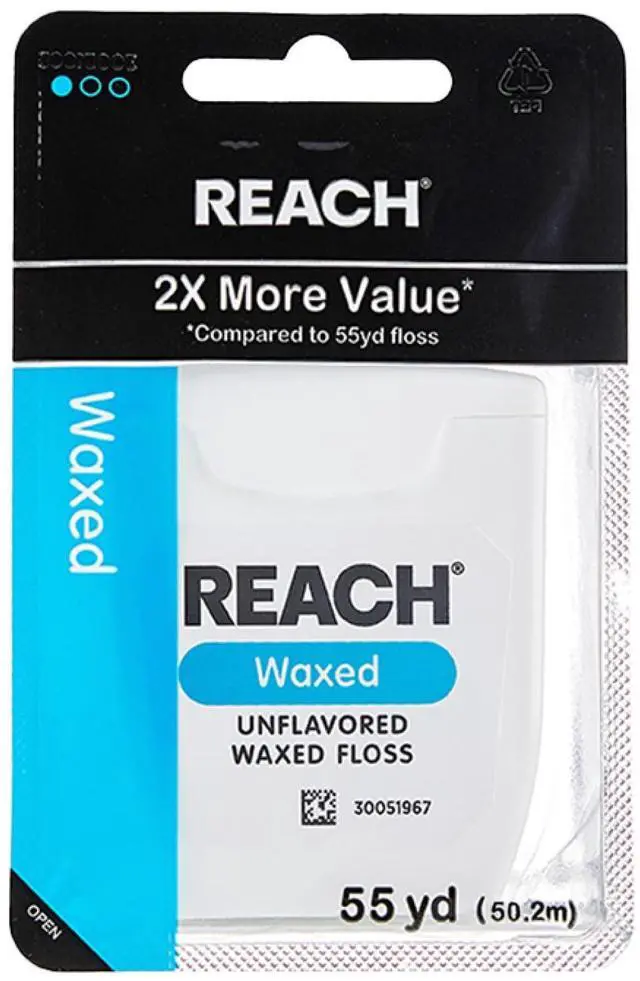 Main image of REACH Waxed Dental Floss,Unflavored, Plaque Remover for Teeth, Shred Resistant, Floss Slides Smoothly, Easy to Use, Waxed, Deep Cleaning Teeth, Oral Care, PFAS Free, for Adults & Kids, 1 Pack, 55 yd