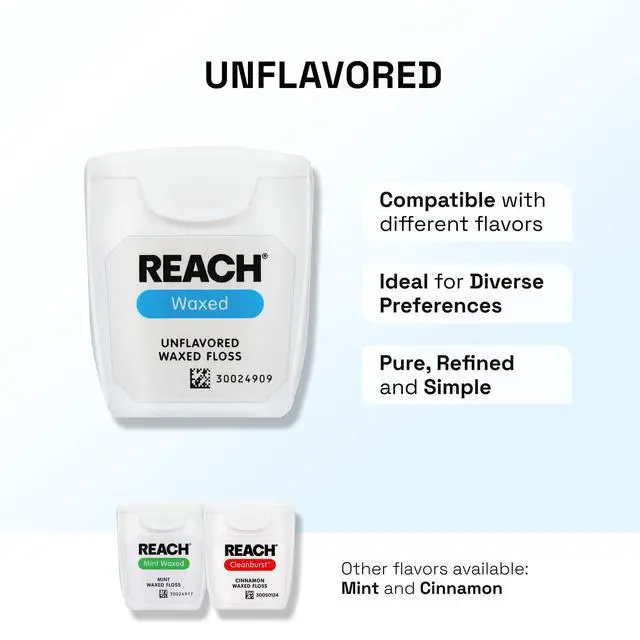 Alt view image 6 of 7 - REACH Waxed Dental Floss,Unflavored, Plaque Remover for Teeth, Shred Resistant, Floss Slides Smoothly, Easy to Use, Waxed, Deep Cleaning Teeth, Oral Care, PFAS Free, for Adults & Kids, 1 Pack, 55 yd
