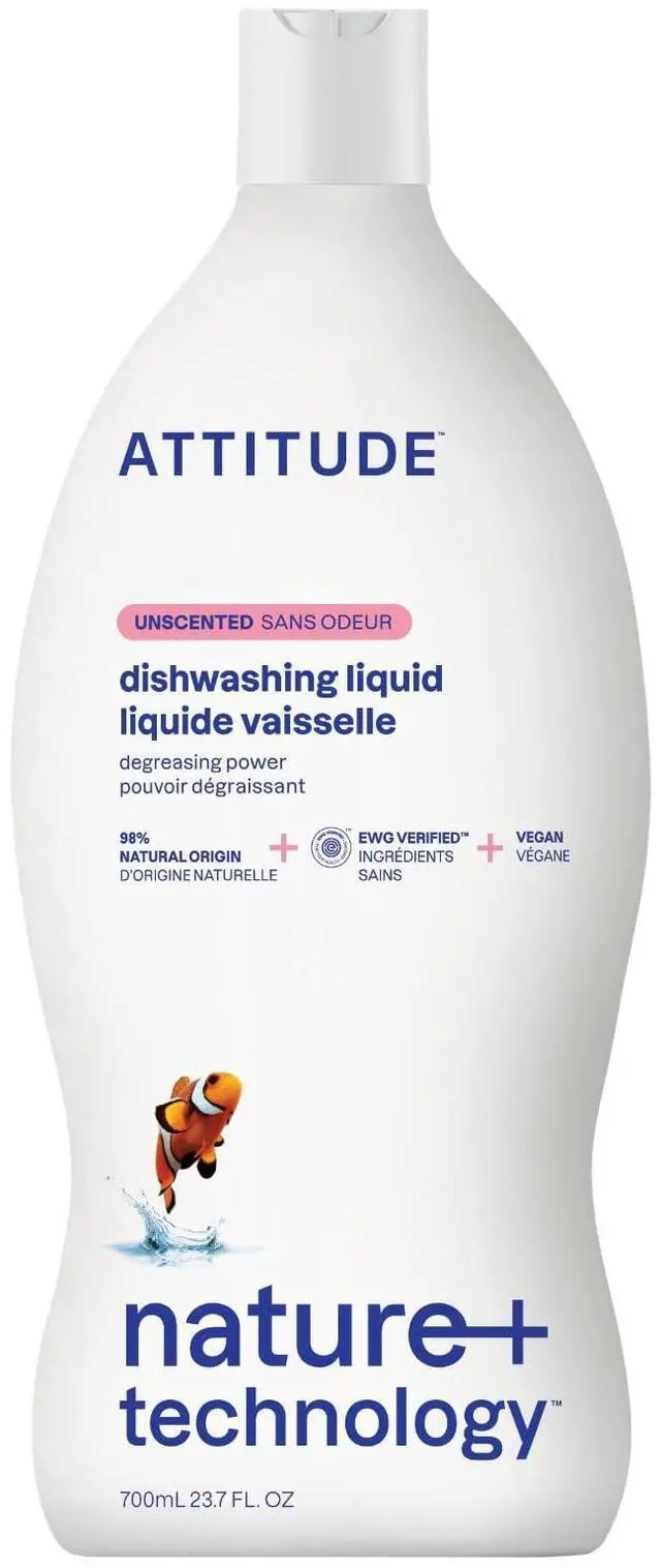 Main image of ATTITUDE Dish Soap, EWG Verified, Plant-Based & Vegan Dishwashing Liquid, Naturally Derived, Unscented, 23.7 Fl Oz