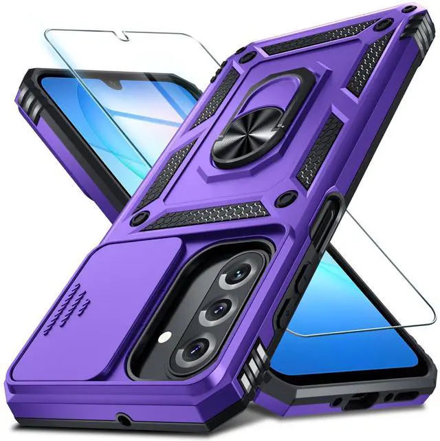 Main image of Janmitta Compatible with Samsung Galaxy A17 5G Case Built in Slide Camera Lens Cover+Screen Protector+Finger Ring Holder Kickstand,Heavy Duty Shockproof Full Body Phone Cover,Purple