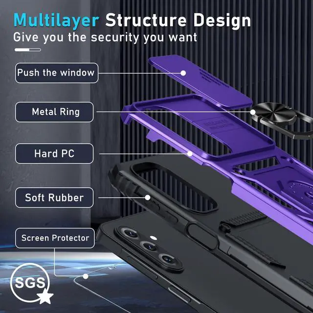 Alt view image 4 of 7 - Janmitta Compatible with Samsung Galaxy A17 5G Case Built in Slide Camera Lens Cover+Screen Protector+Finger Ring Holder Kickstand,Heavy Duty Shockproof Full Body Phone Cover,Purple
