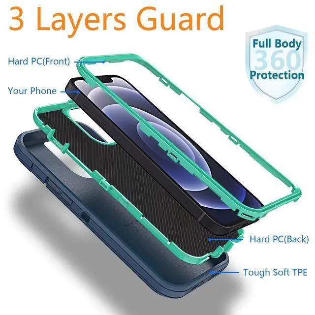 Alt view image 3 of 5 - YmhxcY iPhone 12 Case & 12 Pro Case, Heavy Duty Shockproof 3-Layer Protection, Compatible Blue/Turquoise (6.1 inch)