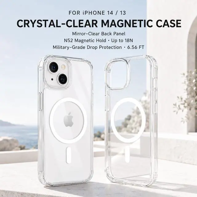 Alt view image 3 of 7 - LUNOVATE Magnetic Shockproof for iPhone 14/13 Case Clear, Protective Cover Anti Yellow Transparent Phone Case with 2 Screen Protector for iPhone 14 / iPhone 13 - Clear