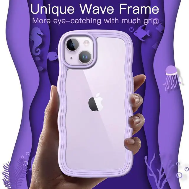 Alt view image 3 of 7 - JETech Cute Case for iPhone 14 6.1-Inch, Wave Frame Curly Shape Shockproof Phone Cover for Women and Girls, Clear Hard PC Back (Purple)
